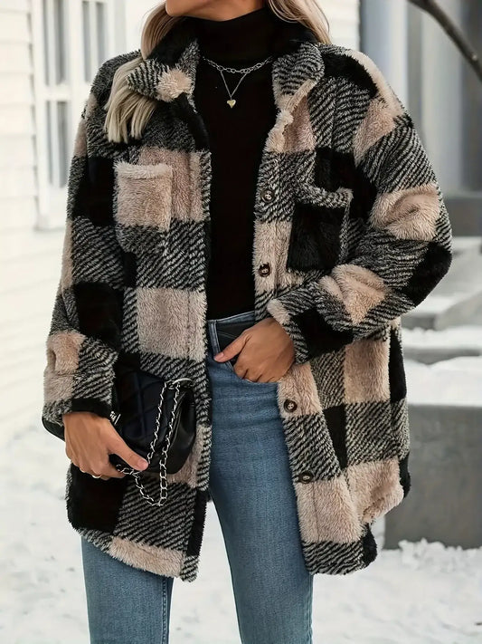 Women's plaid fleece button-down jacket with pockets