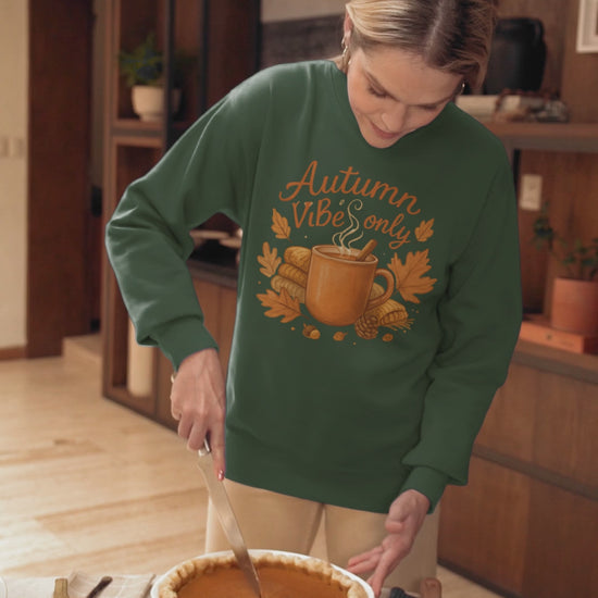"Autumn Vibes Only" Cozy Sweatshirt - Fall Mug & Leaves Graphic - Warm Sweater Gift for Coffee Lovers

