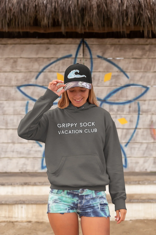 Close-up of Grippy Sock Vacation Club Hoodie showing kangaroo pocket detail.