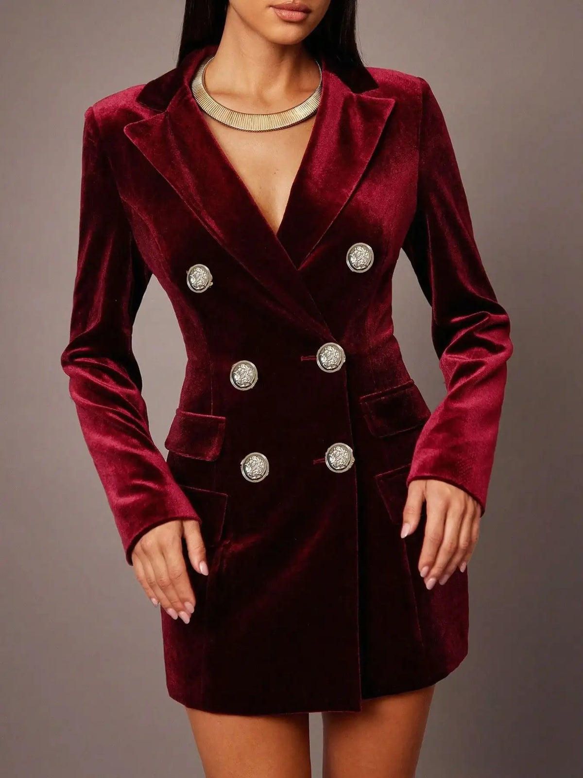 Wine red velvet double-breasted blazer dress for women