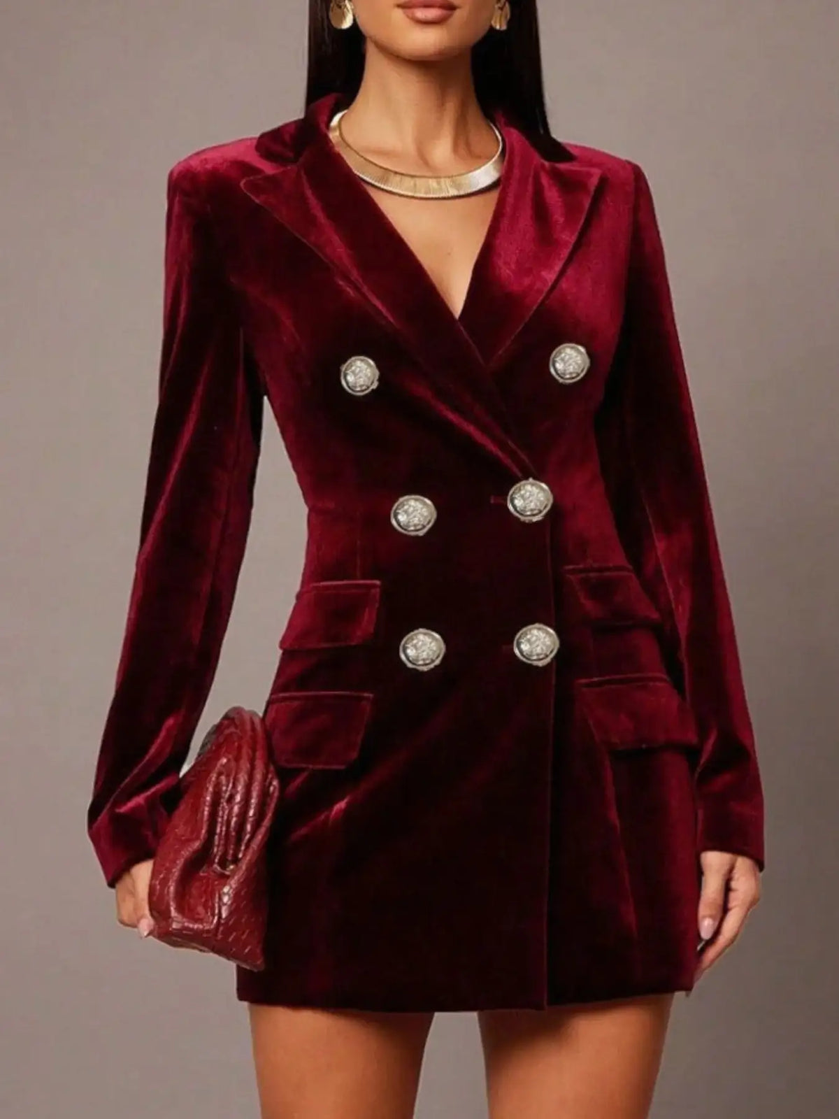 Women's velvet double-breasted party dress front view