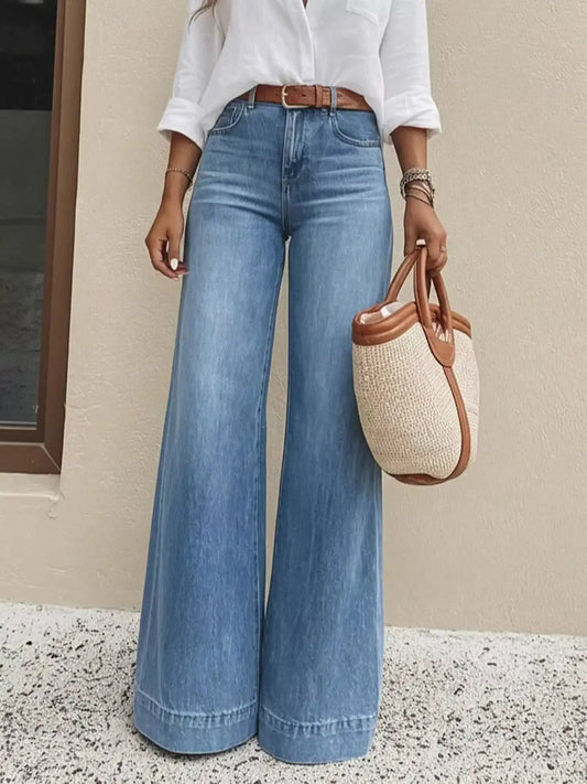 Women's high-waisted distressed straight-leg jeans front view