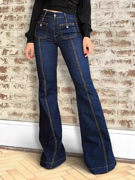 womens-high-waisted-flare-jeans-dark-blue-front
