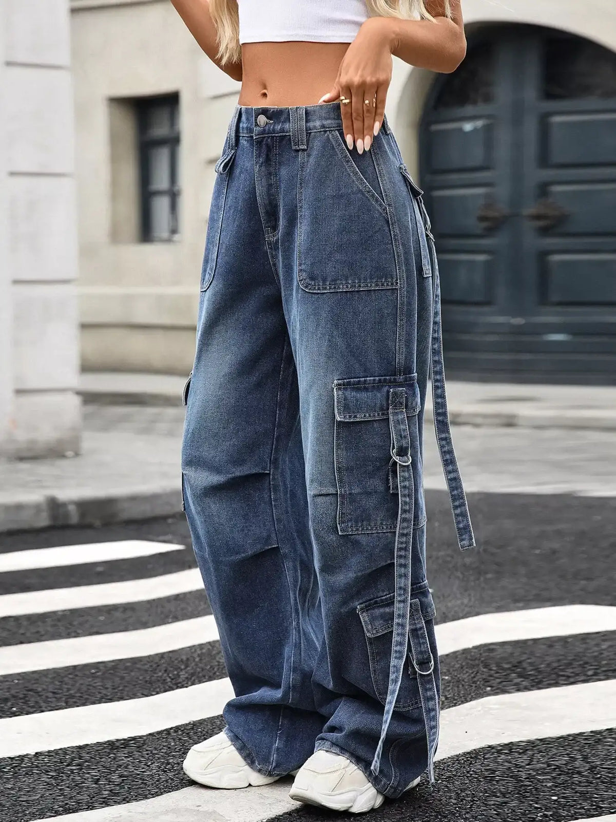 Women's wide leg cargo jeans in blue with utility pockets